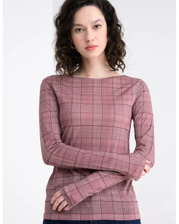 Bluza cu model in carouri si decolteu barcuta, Violet tyrian