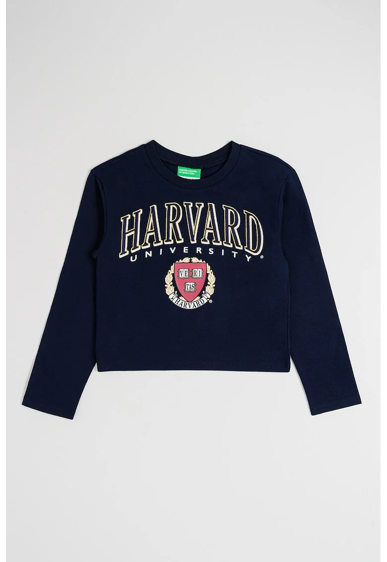 Bluza din bumbac cu imprimeu text, Bleumarin