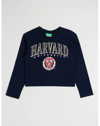 Bluza din bumbac cu imprimeu text, Bleumarin