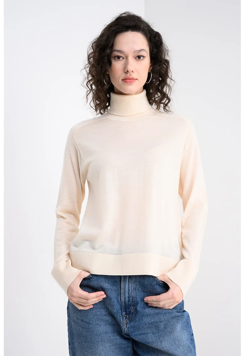 Pulover din amestec de lana cu gule inalt si model uni, Crem