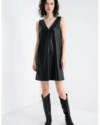 Rochie de piele ecologica cu decolteu in V, Negru