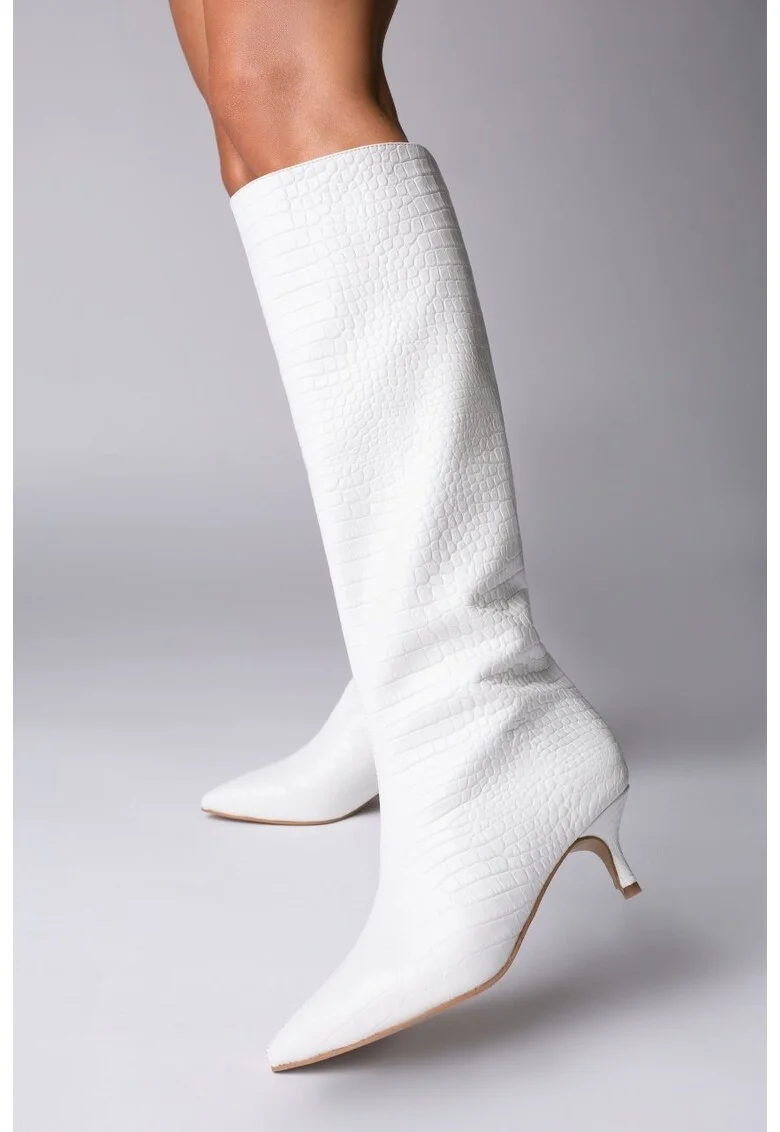 Cizme Frosted Charm cu toc kitten, piele naturala de culoare alba