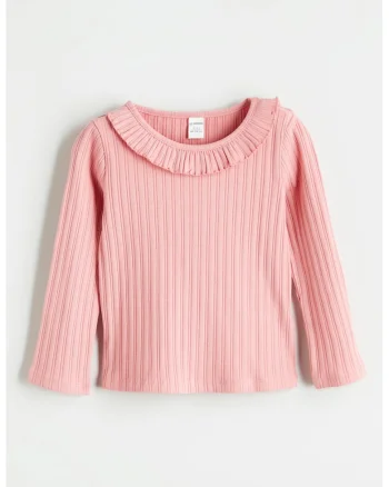 Bluza striata cu guler cu volane, Roz pastel