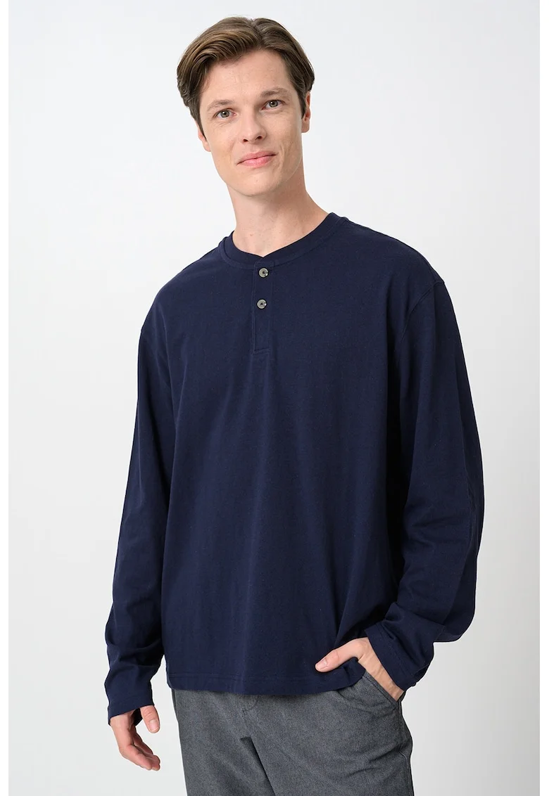 Bluza cu maneci lungi si decolteu henley, Albastru ultramarin