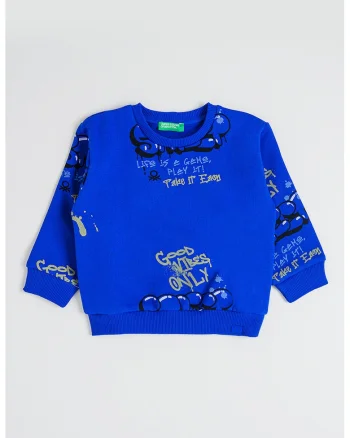 Bluza de trening cu imprimeu text, Albastru royal/Verde fistic