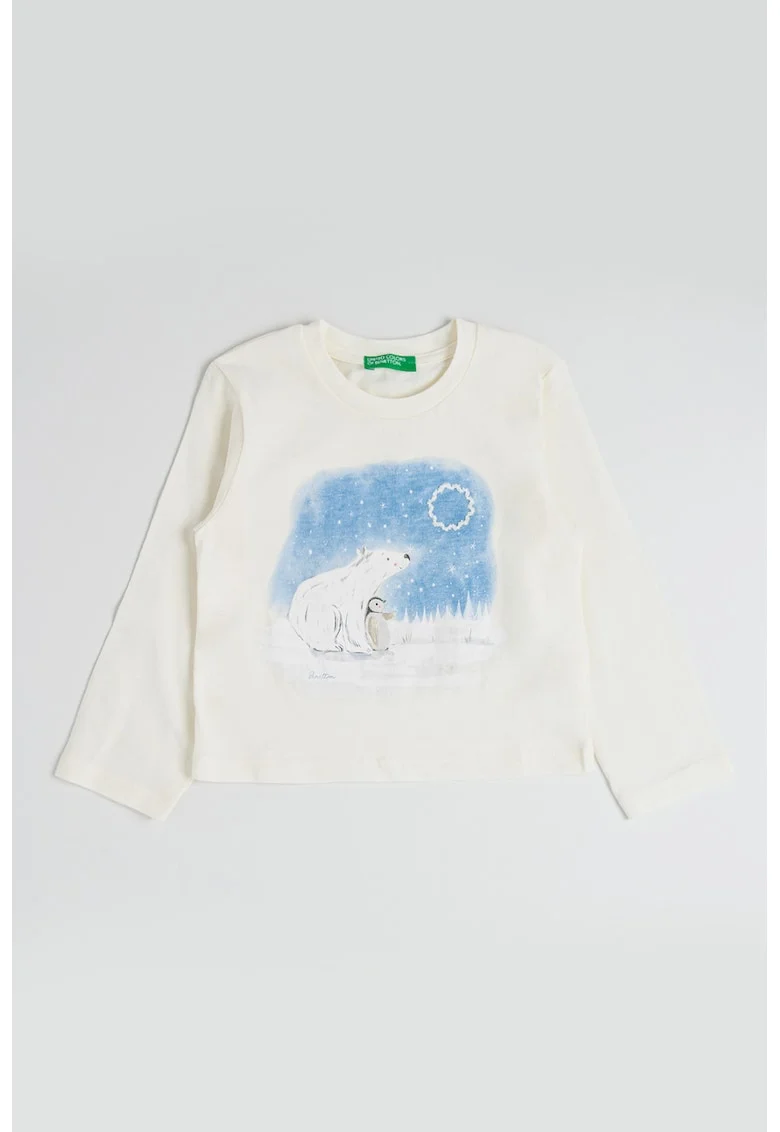 Bluza de bumbac cu imprimeu grafic si logo, Alb fildes/Albastru prafuit