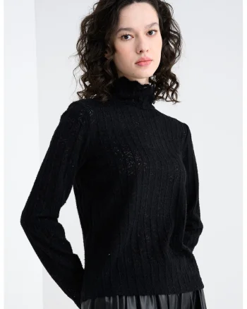 Pulover striat cu guler, Negru