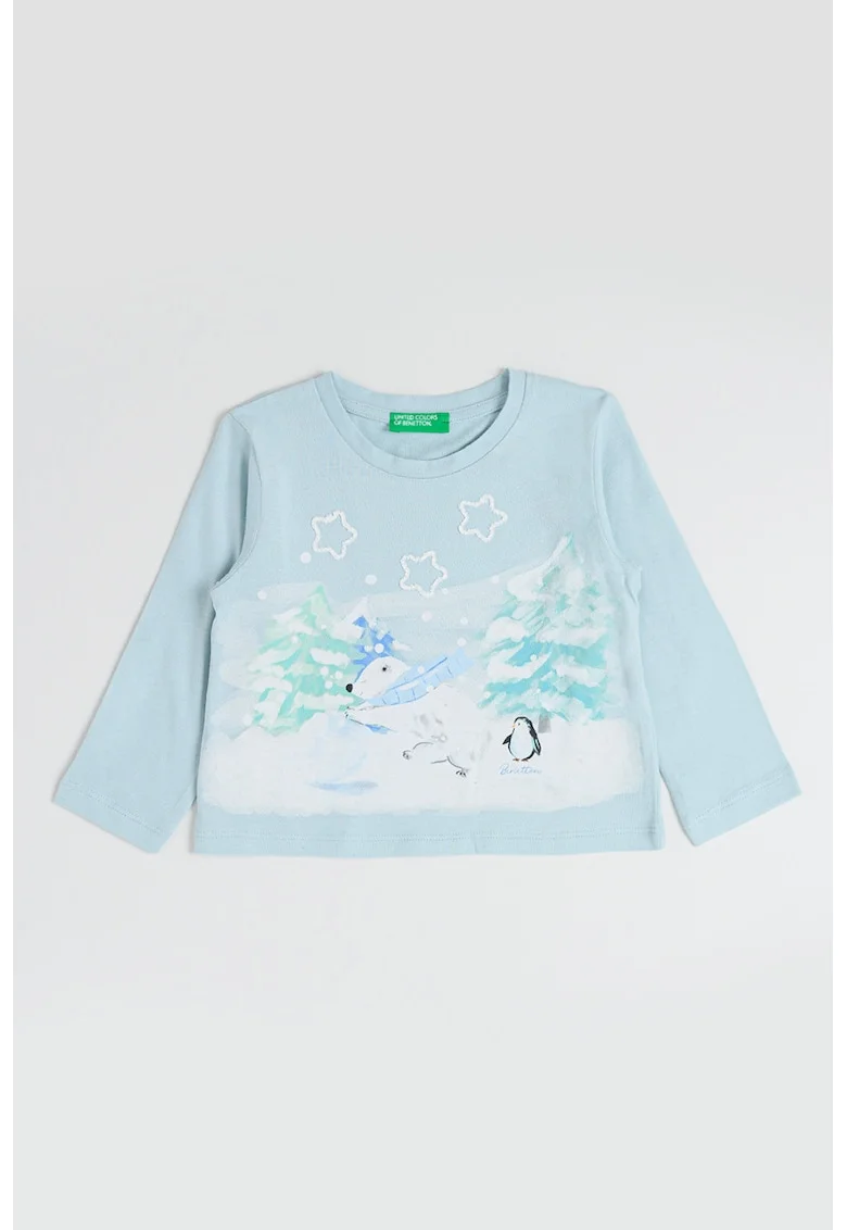 Bluza de bumbac cu imprimeu grafic si logo, Alb/Verde menta