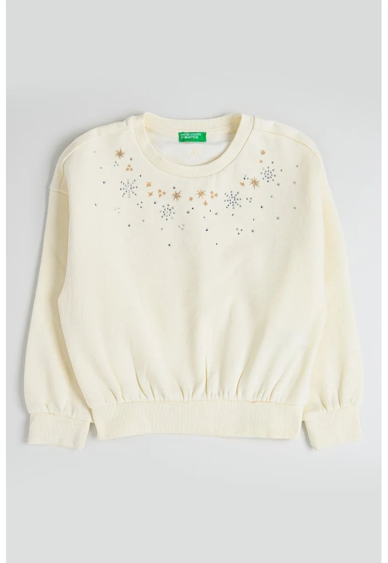 Bluza de trening cu decolteu la baza gatului si strasuri, Crem