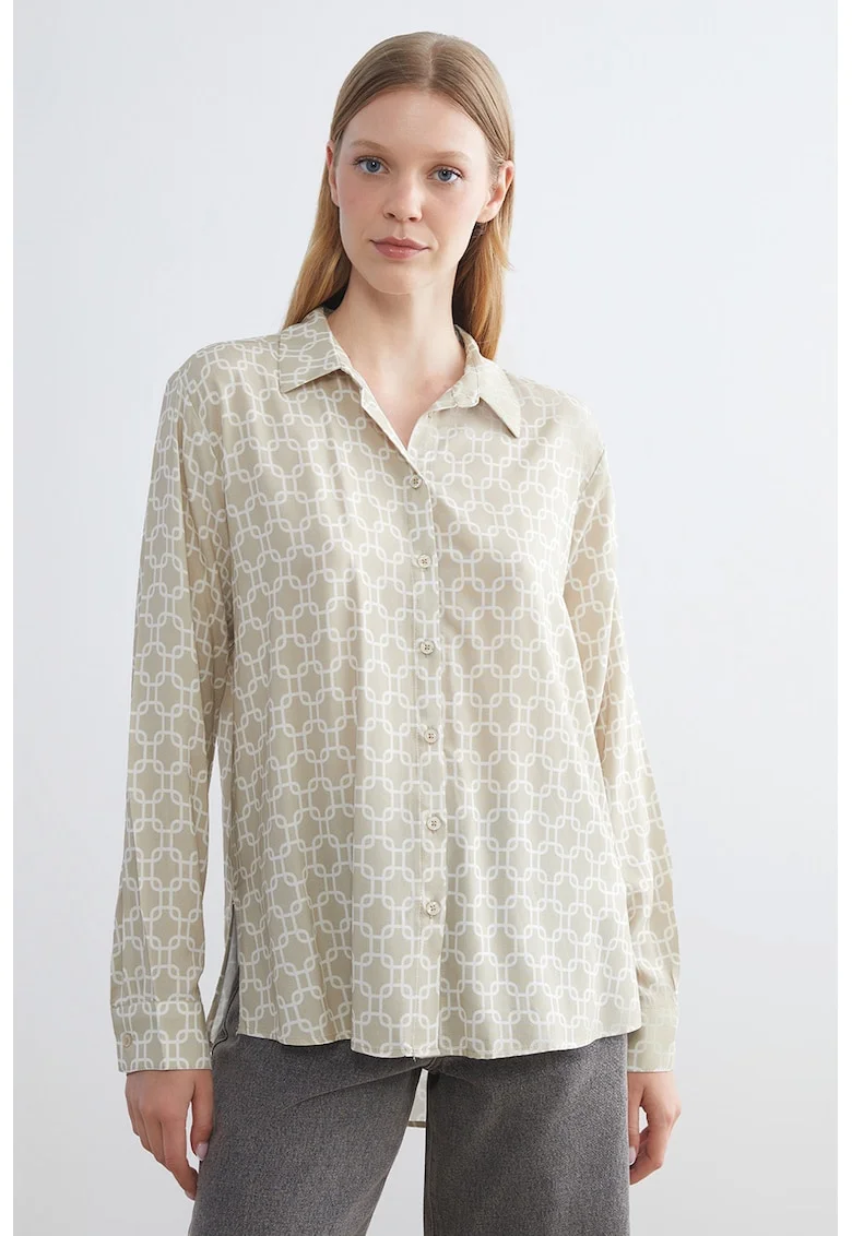 Camasa cu model geometric, Alb/Grej