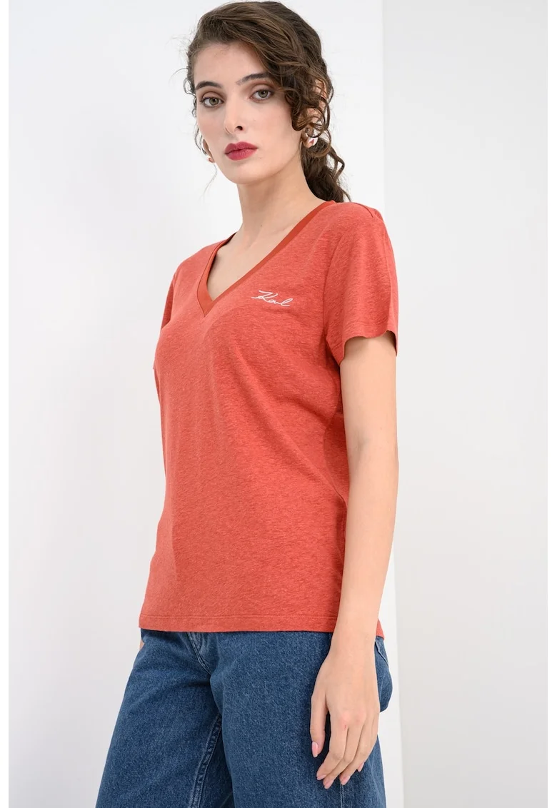 Tricou din amestec de in cu logo, Caramiziu