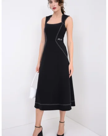 Rochie midi cu croiala evazata si cusaturii contrastante, Negru