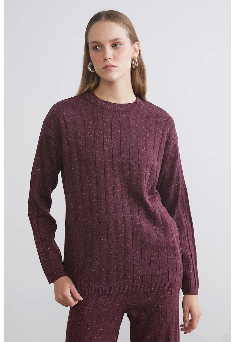 Pulover din lurex cu decolteu la baza gatului, Violet tyrian