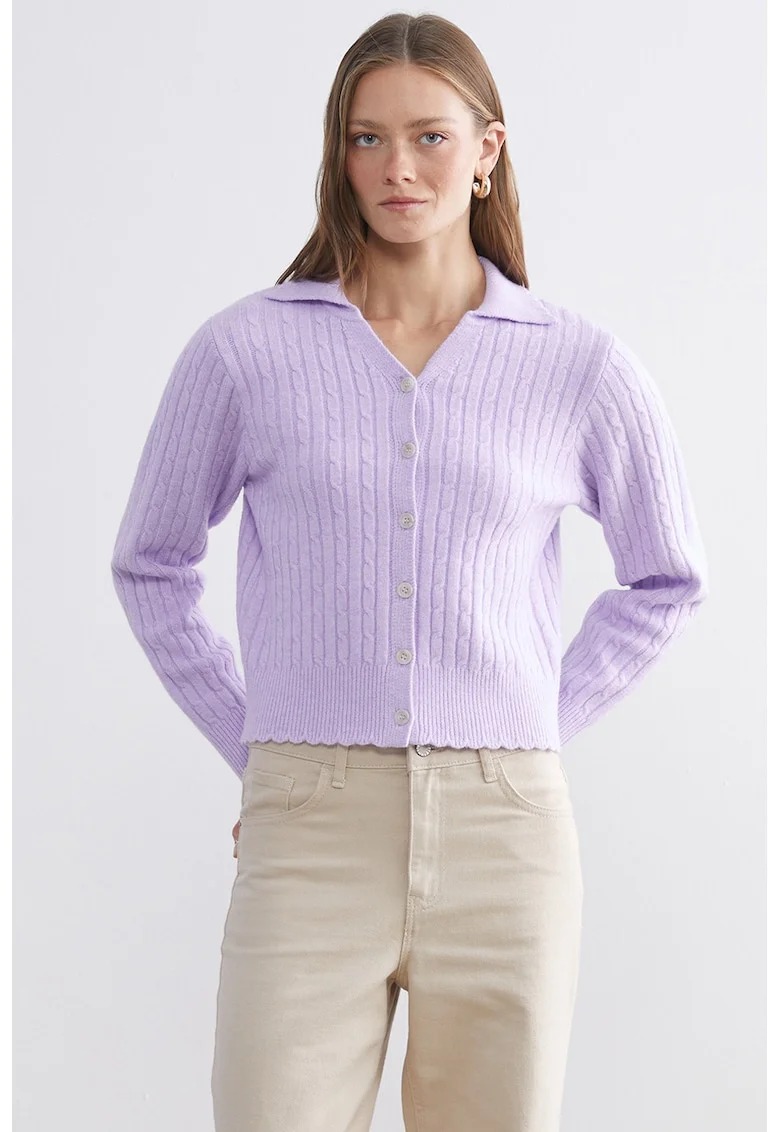 Cardigan cu model uni si guler clasic, Lila