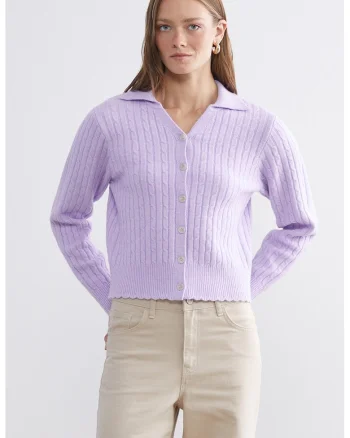 Cardigan cu model uni si guler clasic, Lila