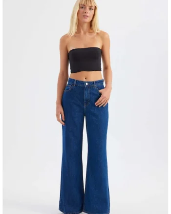 Blugi dama  talie inalta, croiala dreapta, denim, albastru