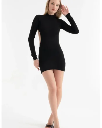 Rochie mini,  maneca lunga, decupaj spate, neagra, textil