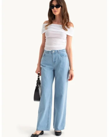 Blugi dama  cu talie inalta, croiala larga, denim, albastru deschis
