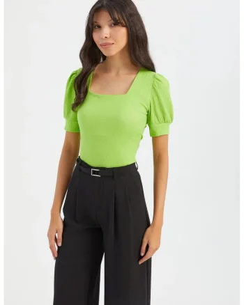 Bluza dama,  cu decolteu patrat, maneci balon, verde, textil