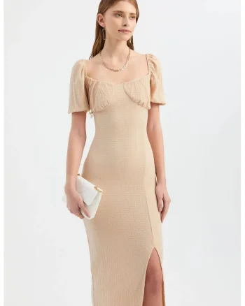 Rochie midi  decolteu inima, maneci cu crapatura, bej, textil