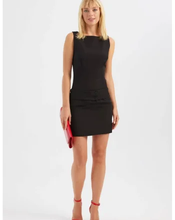 Rochie mini,  decolteu tip barca, curea, negru, textil