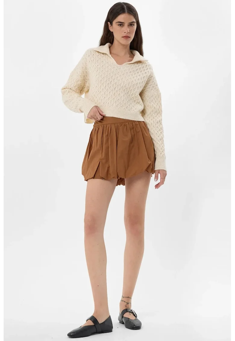 Fusta mini cu pantaloni scurti atasati dama,  talie inalta, textil, maro