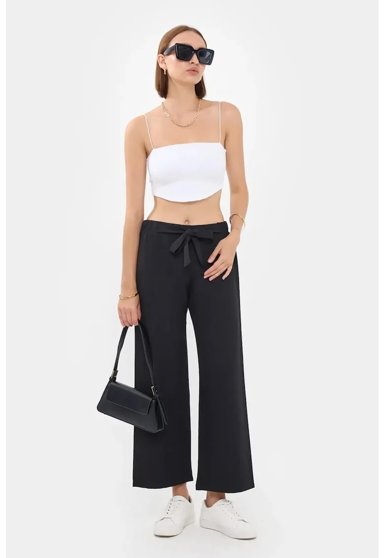 Pantaloni dama,  croi larg, snur de strangere, negru, poliester