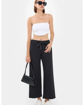 Pantaloni dama,  croi larg, snur de strangere, negru, poliester