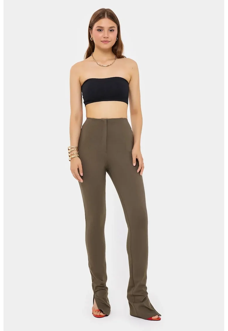 Pantaloni dama,  slim fit, talie inalta, maro, bumbac si viscoza