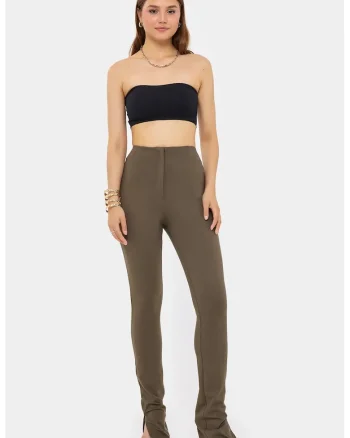 Pantaloni dama,  slim fit, talie inalta, maro, bumbac si viscoza