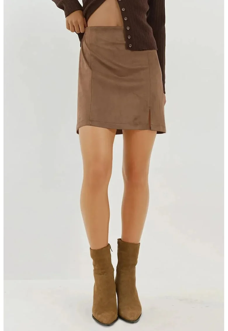 Fusta mini dama,  piele intoarsa, talie inalta, maro