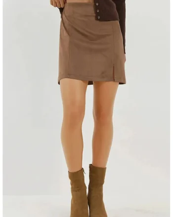 Fusta mini dama,  piele intoarsa, talie inalta, maro