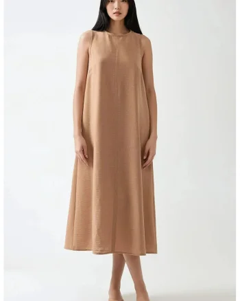 Rochie midi,  fara maneci, bumbac si in, maro