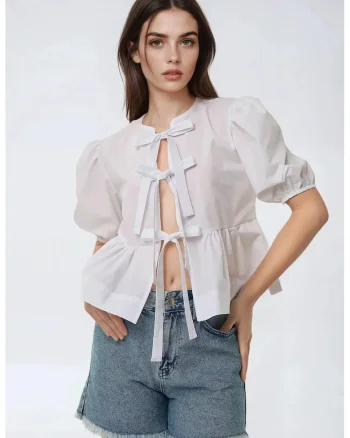 Bluza dama,  bumbac, guler rotund, funda, alb