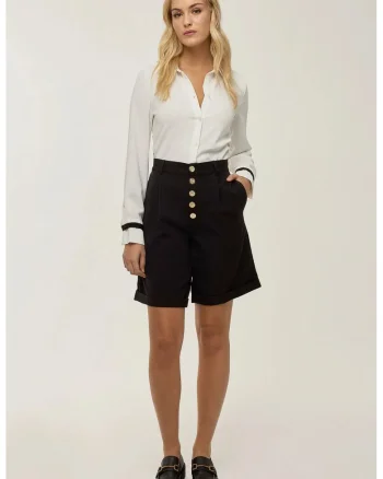 Pantaloni scurti dama  midi plisati, talie inalta, negru, poliester