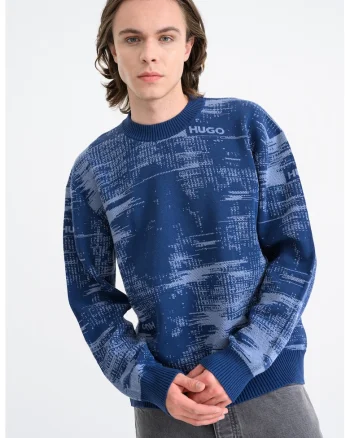 Pulover tricotat fin cu model abstract Sorbas, Albastru inchis/Albastru azur