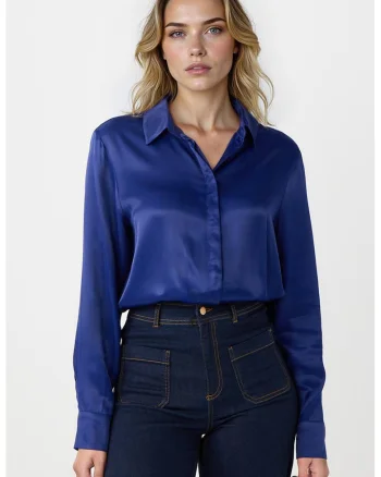 Camasa din satin cu maneci lungi, Albastru royal