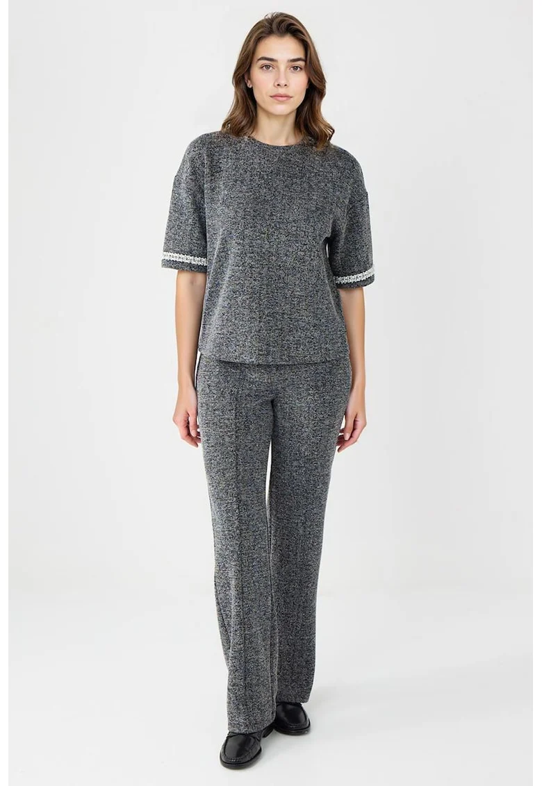 Pantaloni cu croiala dreapta si model herringbone, Negru/Gri inchis melange