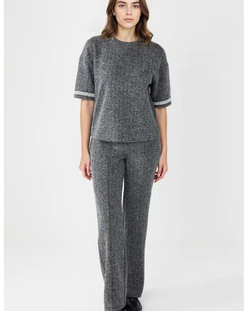 Pantaloni cu croiala dreapta si model herringbone, Negru/Gri inchis melange