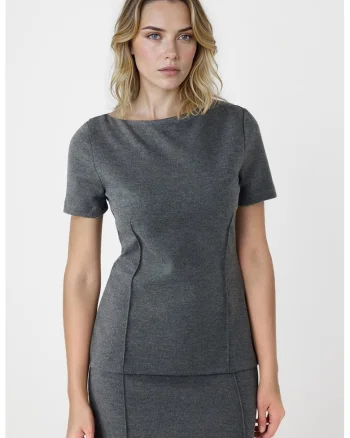 Tricou cu model uni si decolteu barcuta, Gri inchis melange