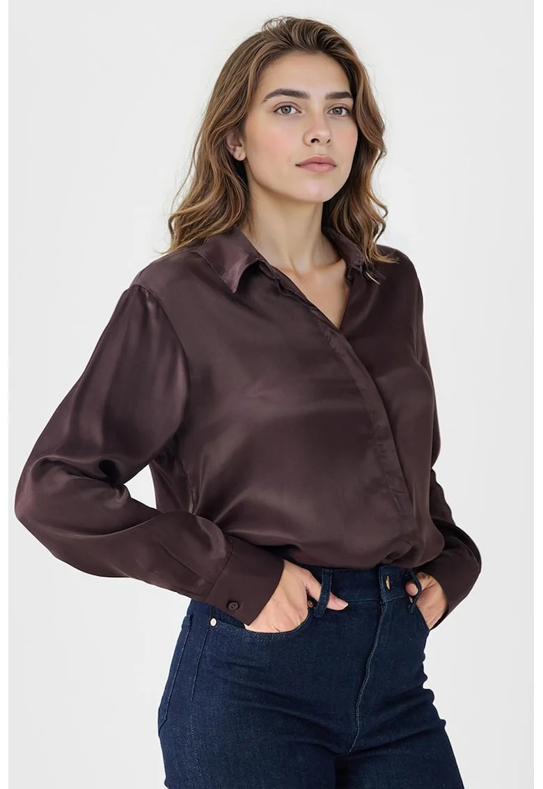 Camasa din satin cu maneci lungi, Maro cognac