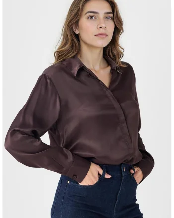 Camasa din satin cu maneci lungi, Maro cognac