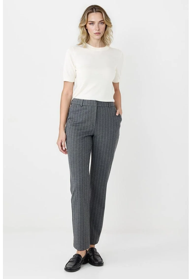 Pantaloni cu croiala dreapta si model cu dungi discrete, Alb/Gri inchis melange