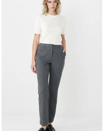 Pantaloni cu croiala dreapta si model cu dungi discrete, Alb/Gri inchis melange