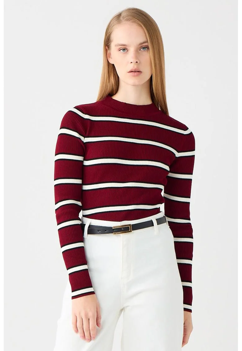 Pulover slim fit cu model in dungi, Alb/Negru/Rosu inchis