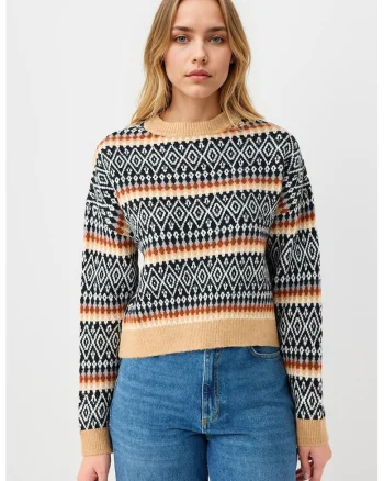 Pulover cu model geometric, Alb/Negru/Bej