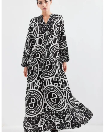 Rochie maxi dama, viscoza, HiCCUP, decolteu in V, alb/negru