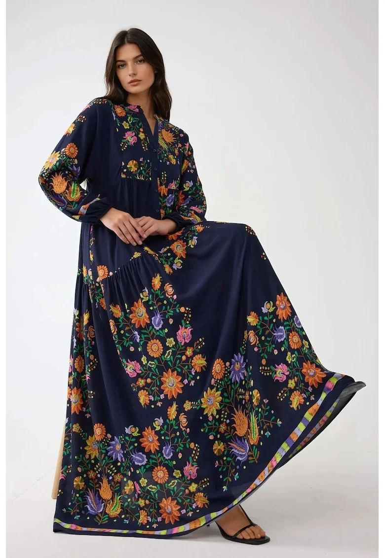 Rochie maxi,  decolteu in V, bleumarin, textil