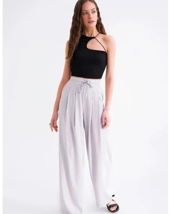 Pantaloni dama,  tip palazzo, talie inalta, gri, textil