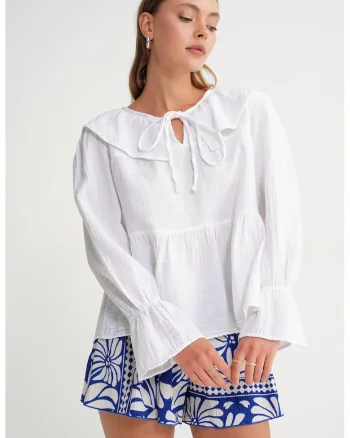 Bluze, Femei, Bluza  cu Guler si Inchidere cu Alb, Alb
